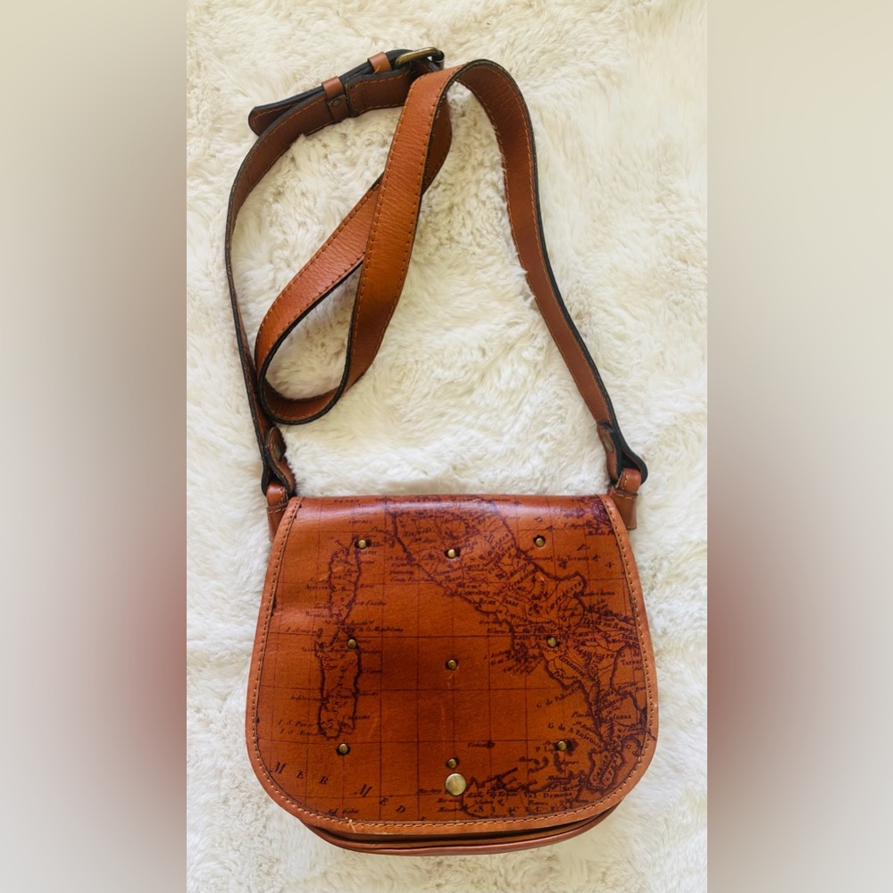 Patricia Nash Brown Crossbody Bag with Map print and studs